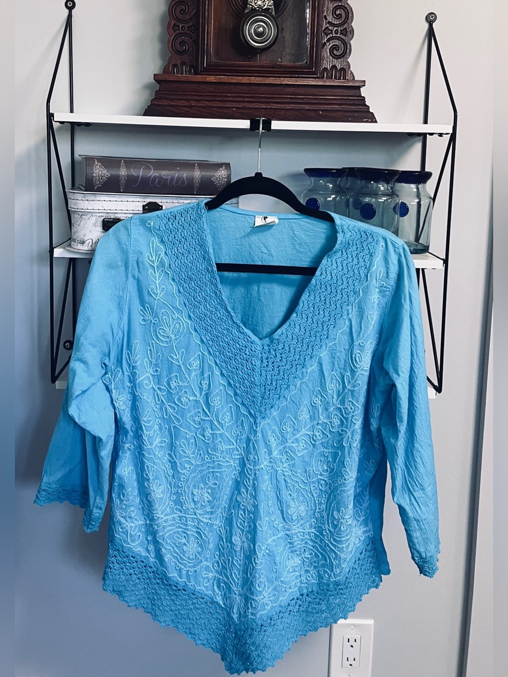 Blue sky Embroidered V-Neck cotton Boho Top